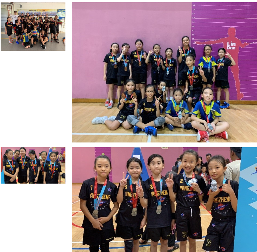 A group of primary school girls basketball players posing at a basketball court with their teachers
